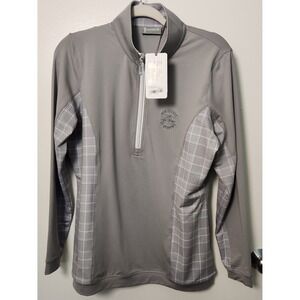 Glenmuir NWT Gray Check 1/4 Zip Mock Neck Top Long Sleeve Large Embroidered Logo